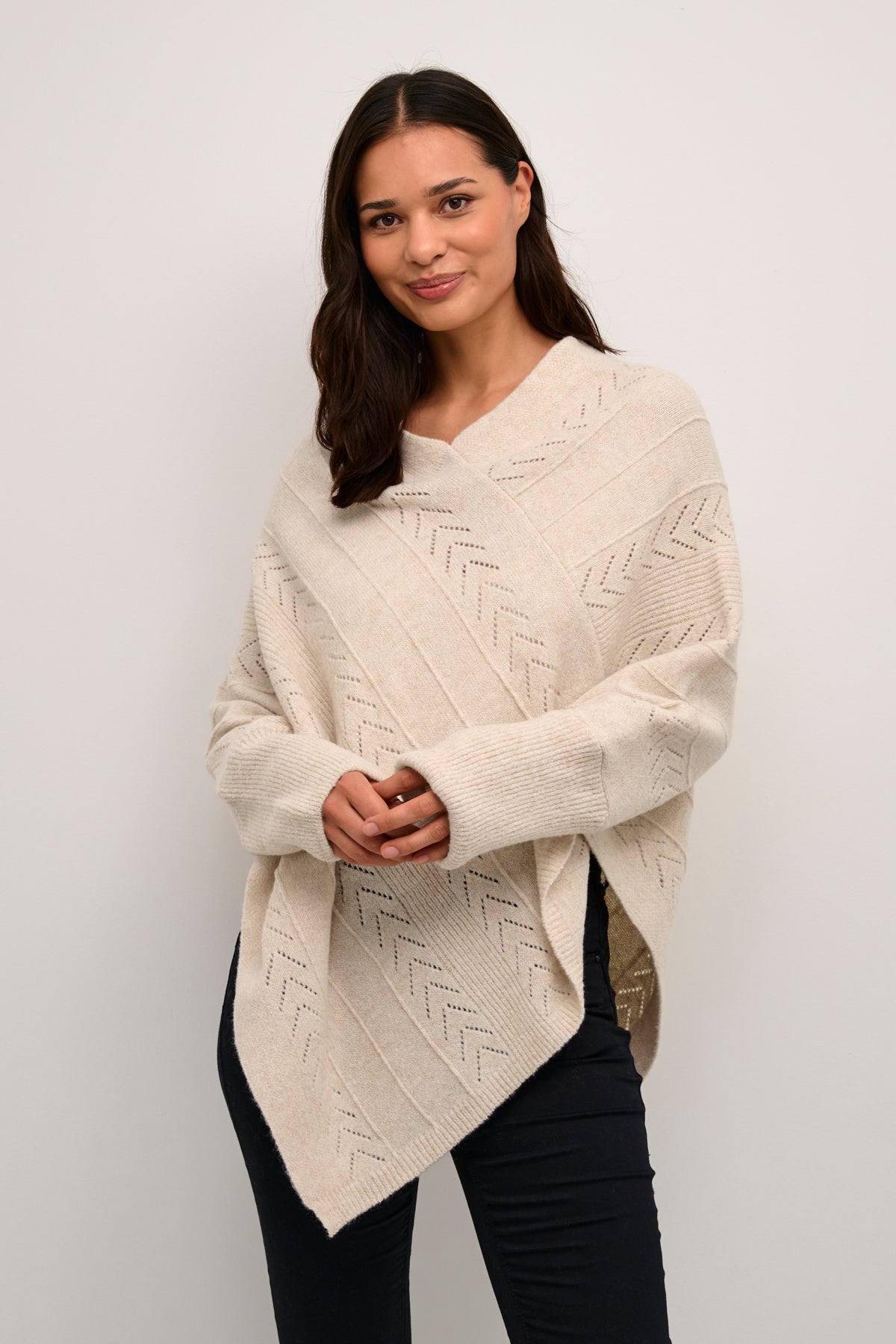 Cream HOLIDAY Knitted Poncho - Oat Melange