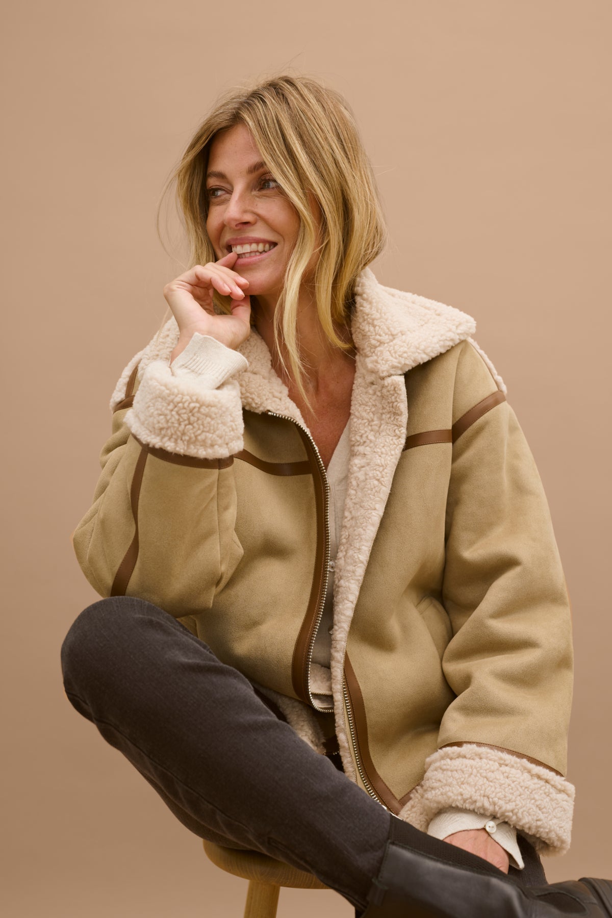 Cream THELMA Aviator Jacket - Beige