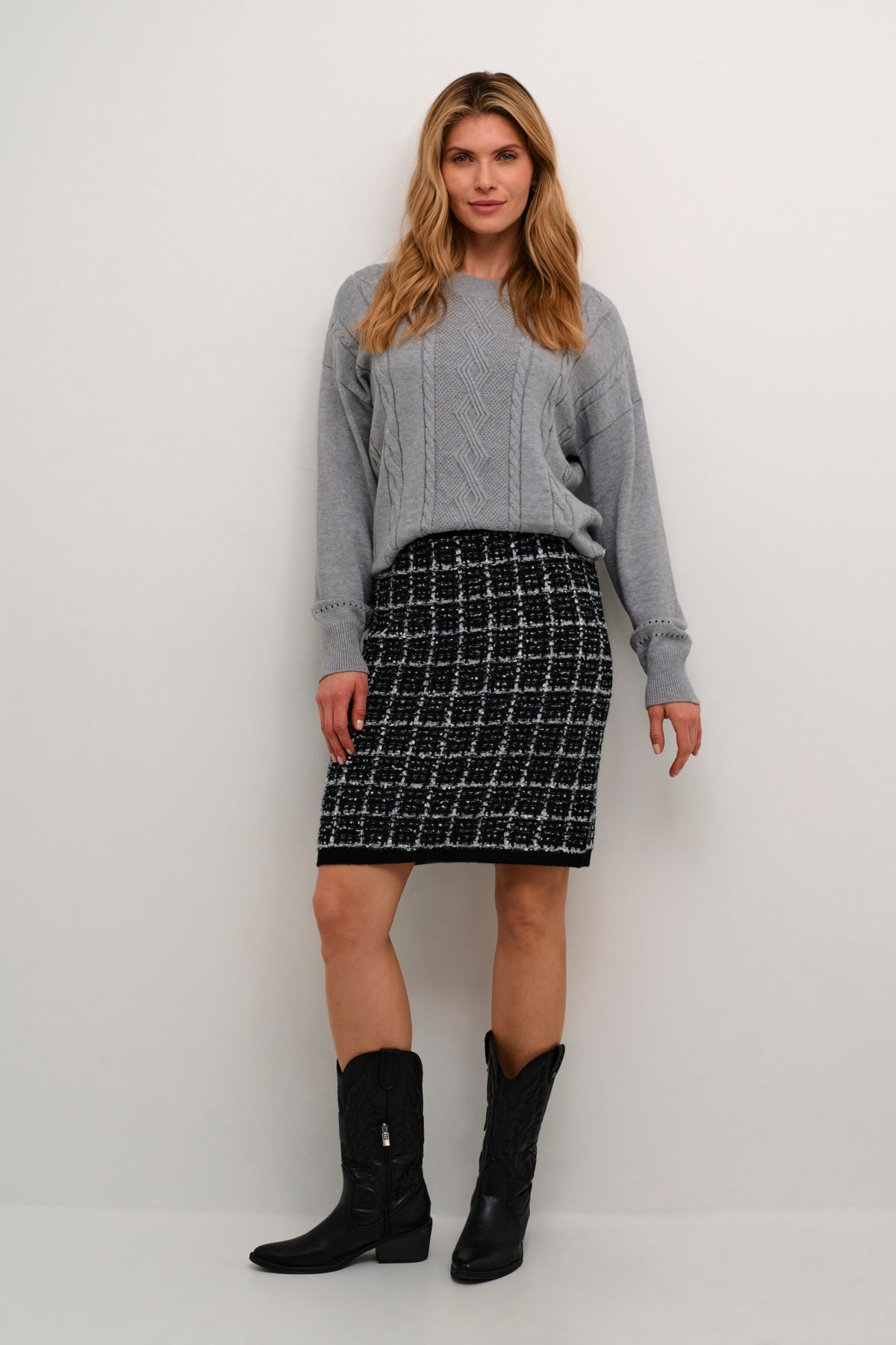 Cream BILO Knitted Skirt - Pitch Black Check