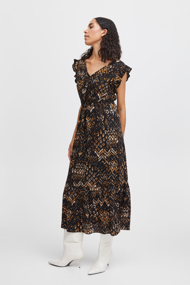 B Young Joella Frill Dress - Black Ethnic Mix/Bodenhams