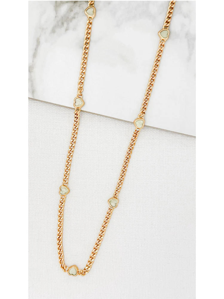 Envy Long Gold Necklace With Green Hearts