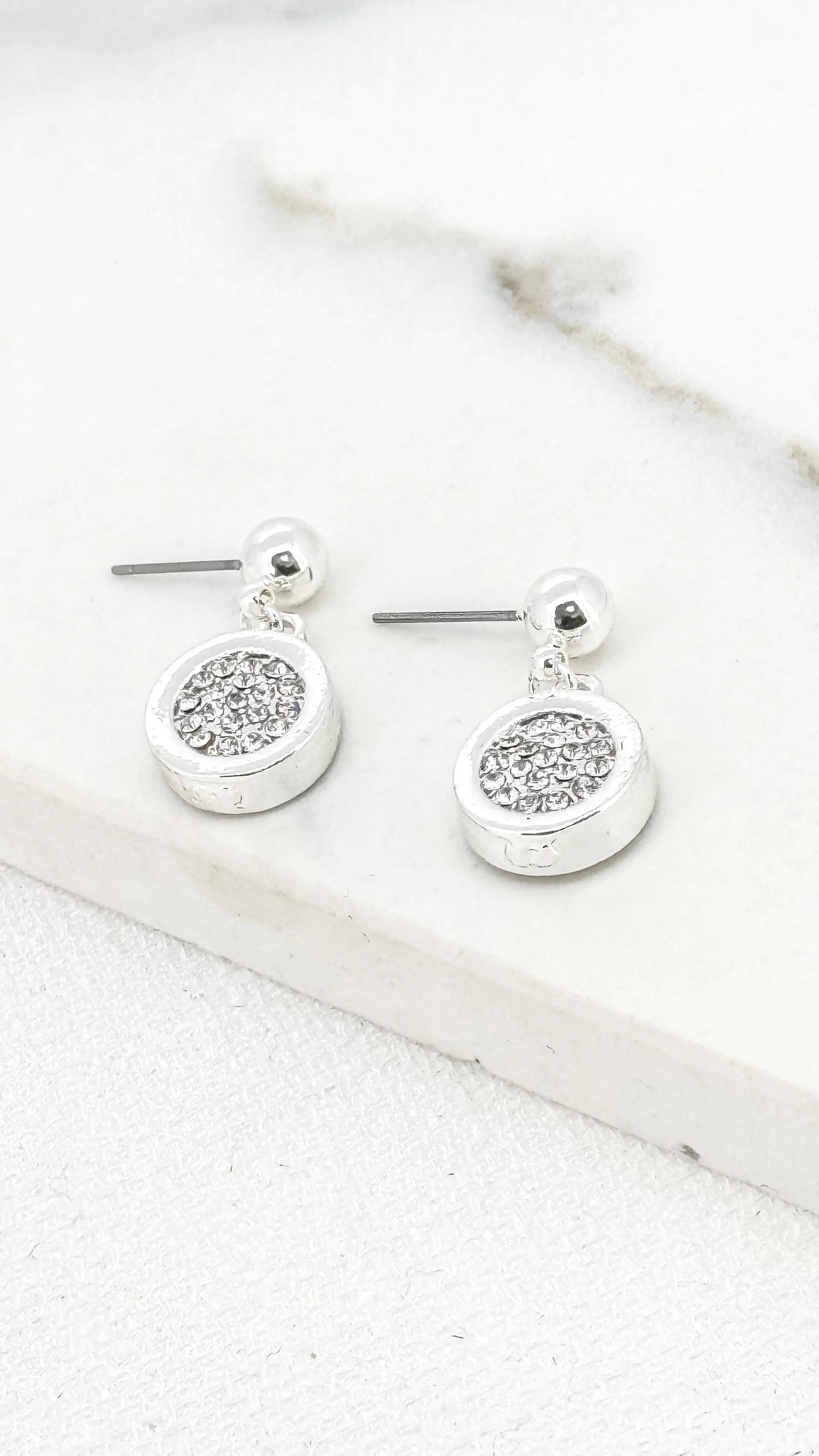 Silver and diamante circle dropper earring