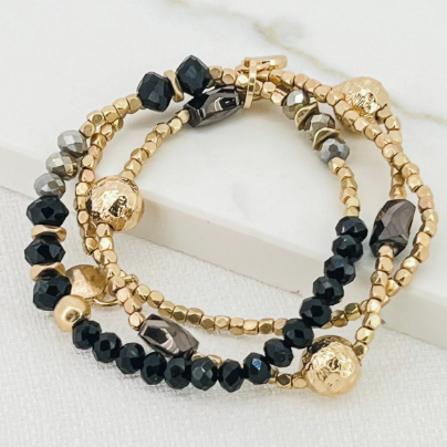 Envy 3 Strand Gold & Black Beads Bracelet