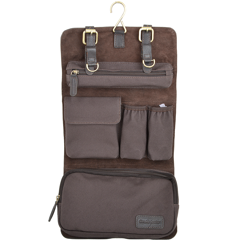 Ashwood Leather & Canvas Hammersmith Mud Hanging Wash Bag - Brown